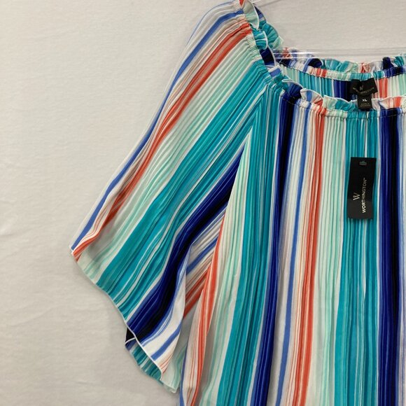 New Worthington size XL Colorful Striped Pleated Ruffle Blouse Romantic Vacation - Picture 4 of 9